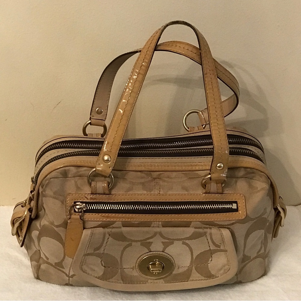 Coach Poppy Turnlock Bonnie 13402 Beige Tan Canvas Patent Handbag